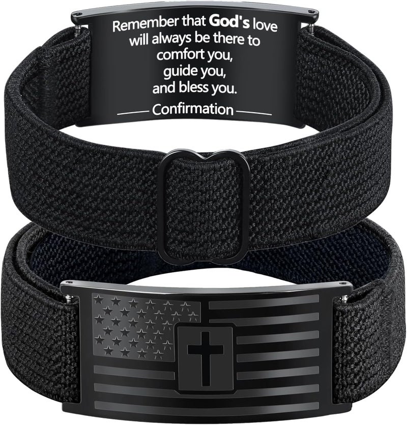 LDOWWGL Valentines Day Gifts - Mens Bracelet - American Flag Christian Cross Bracelet for Boys - Adjustable Black Elastic Stretch Strap with Bible Verse - Gift for Son Grandson - Image 1
